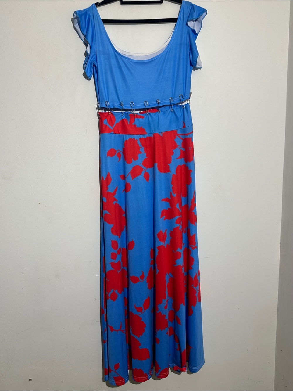 Mossimo Supply Co. Blue Maxi Dress with Red Floral Print and Cinch Waist